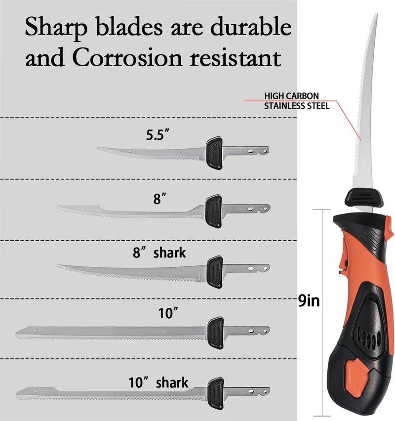 Pratuor Cordless Electric Fillet Knife - 5 Ti-Nitride Coated Non-Stick Blades, Ergonomic Non-Slip Grip Handle & Cooling Vent Stylish with Carry Bag ,Perfect Electric Knife for Effortless Fishing (Orange) - Image 4